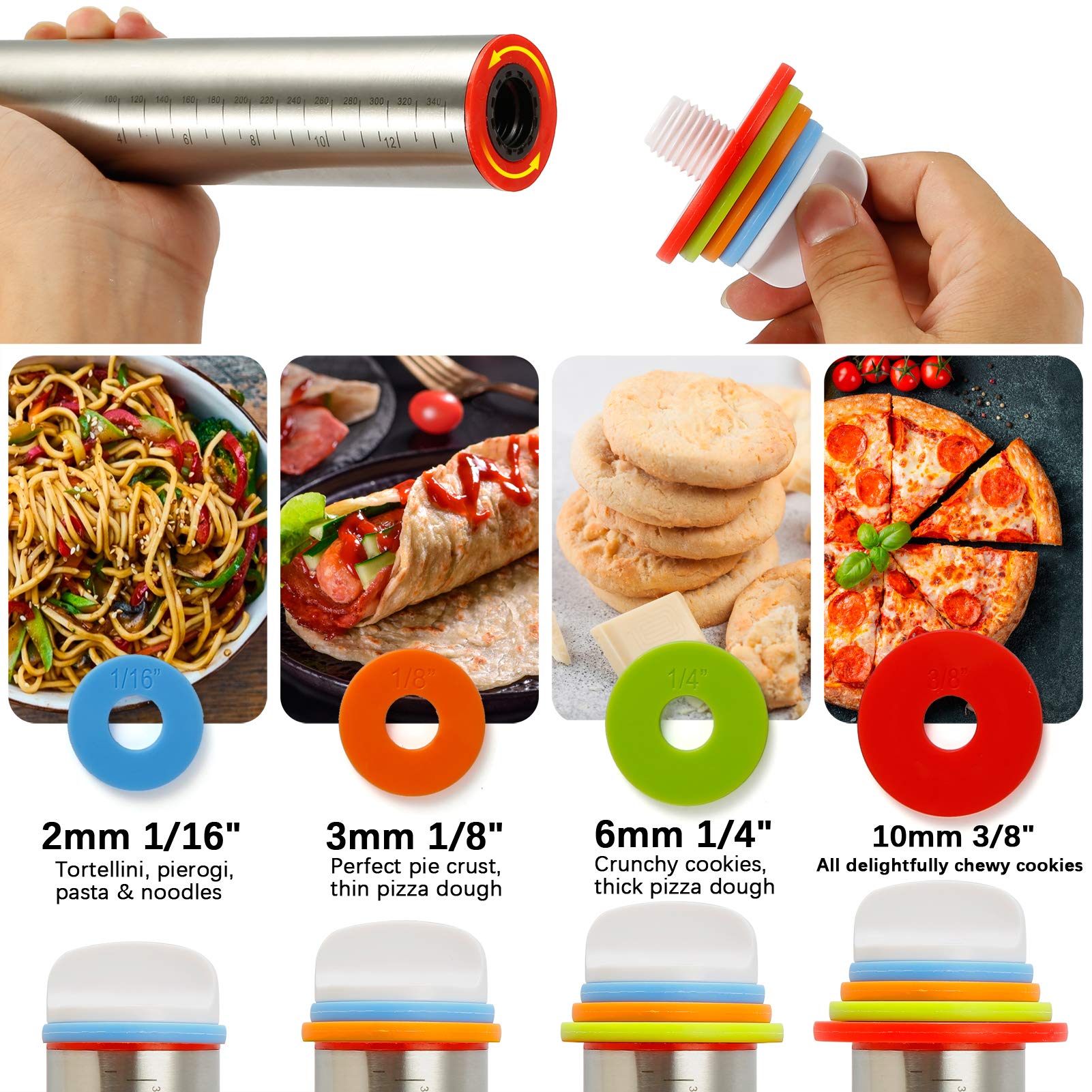 MIKULA adjustable rolling pin with four ring sizes for even dough thickness.