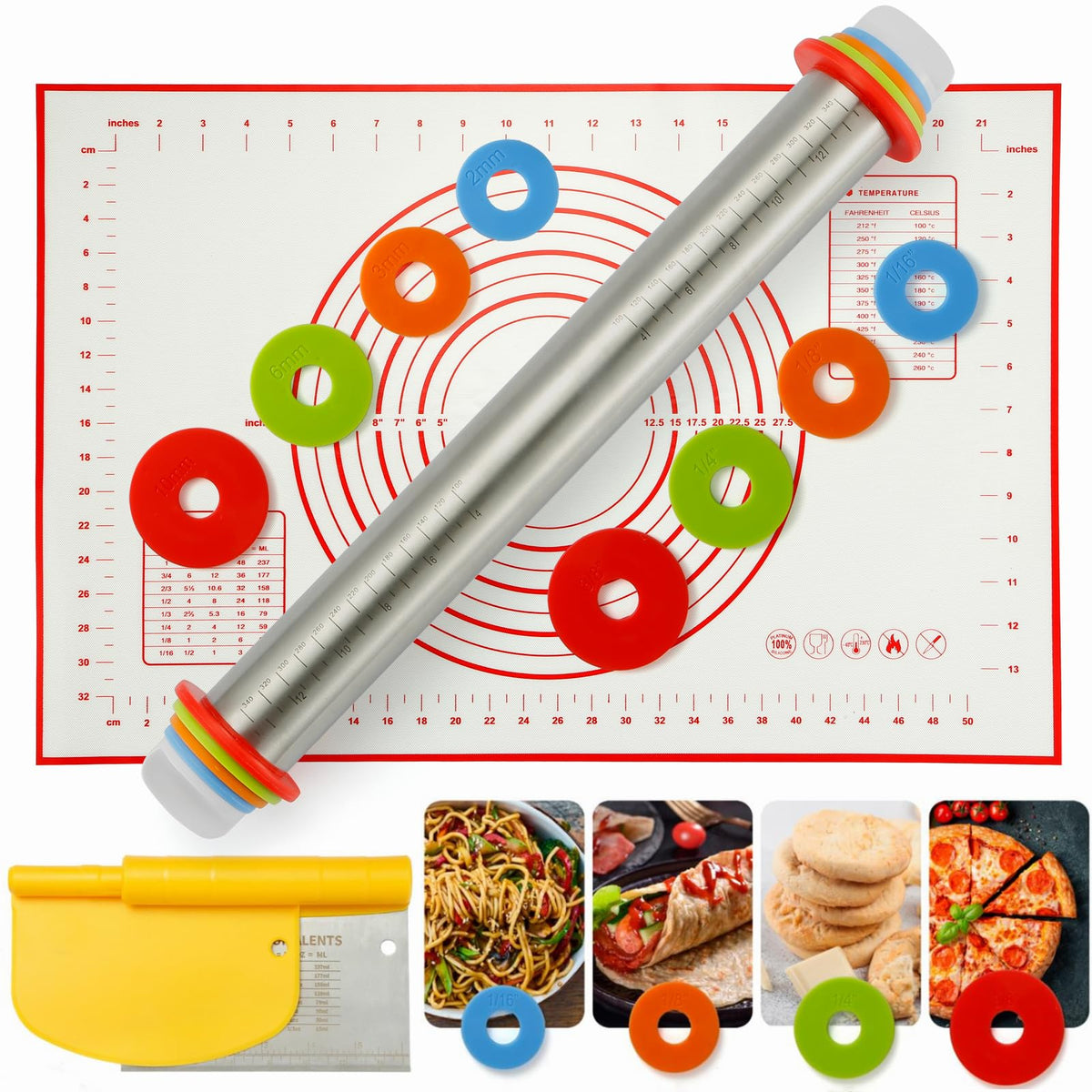 MIKULA rolling pin with thickness rings for precise dough thickness and control.