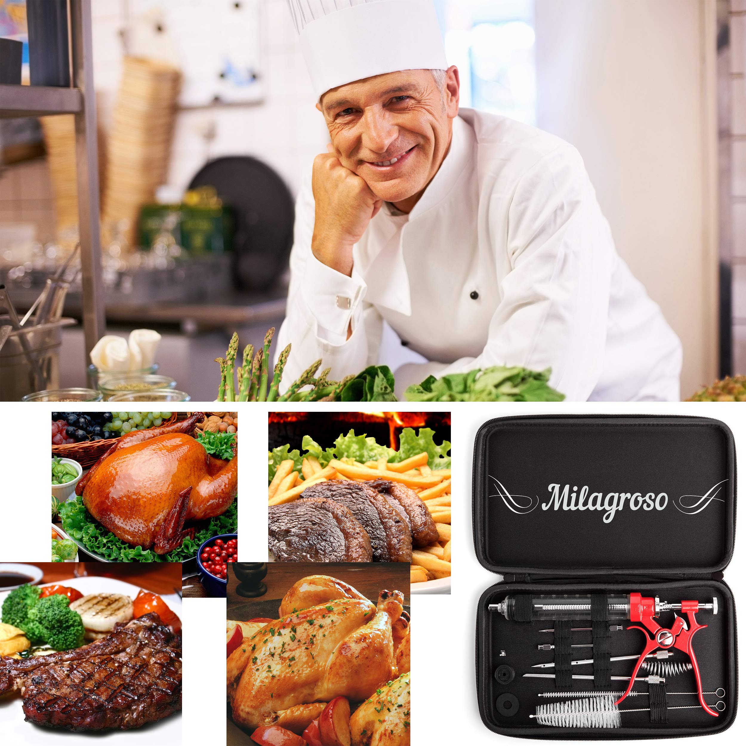 Milagroso meat injector gun with 4 needles enables versatile marinades for big cuts.