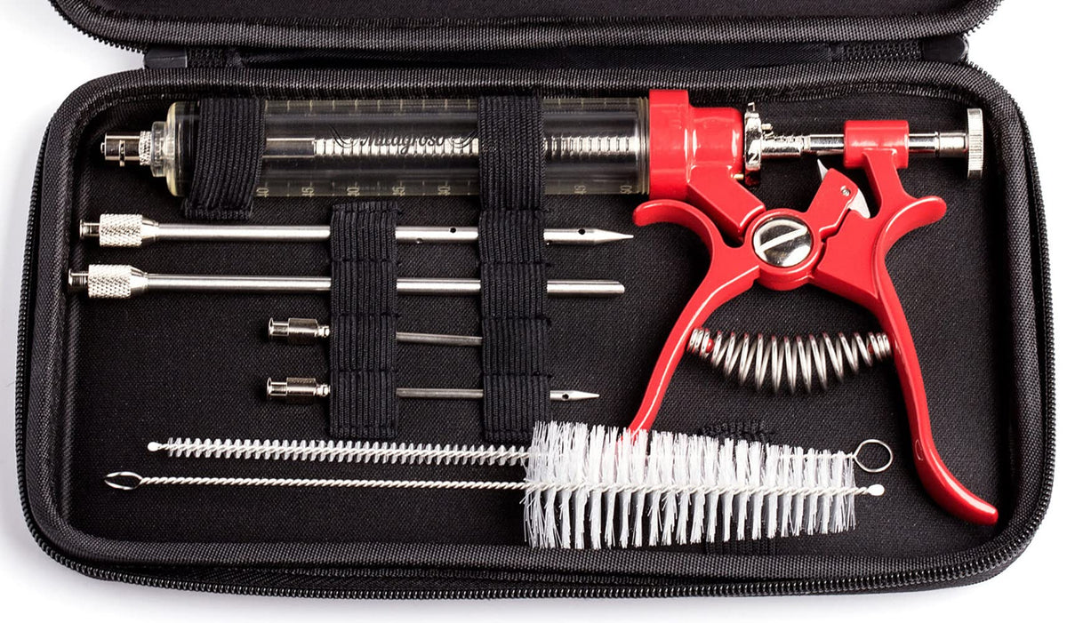 Milagroso meat injector gun front view highlights durable stainless steel for even flavor infusion.