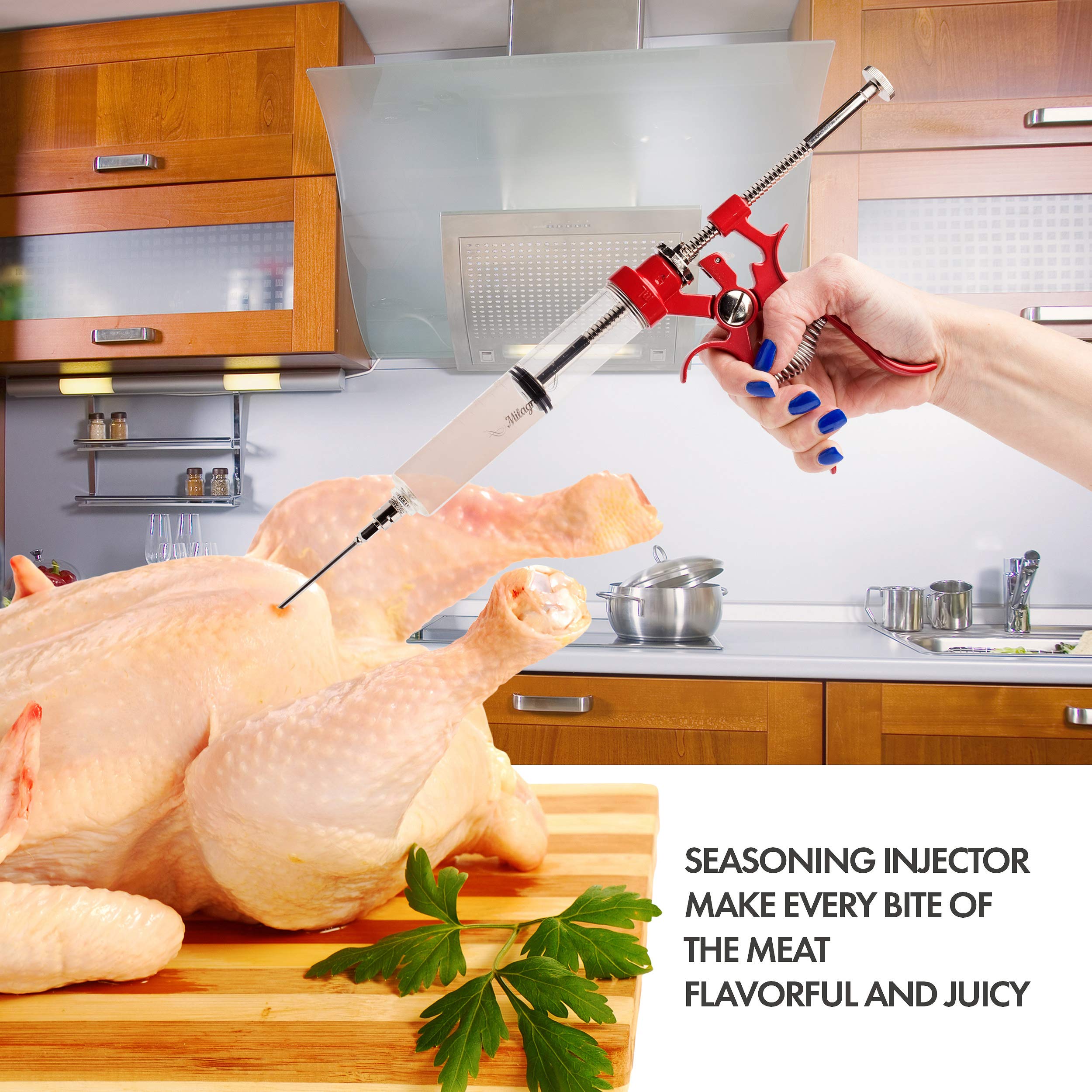Milagroso meat injector gun provides a large-capacity barrel for fewer refills.
