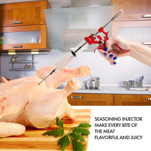Milagroso meat injector gun provides a large-capacity barrel for fewer refills.