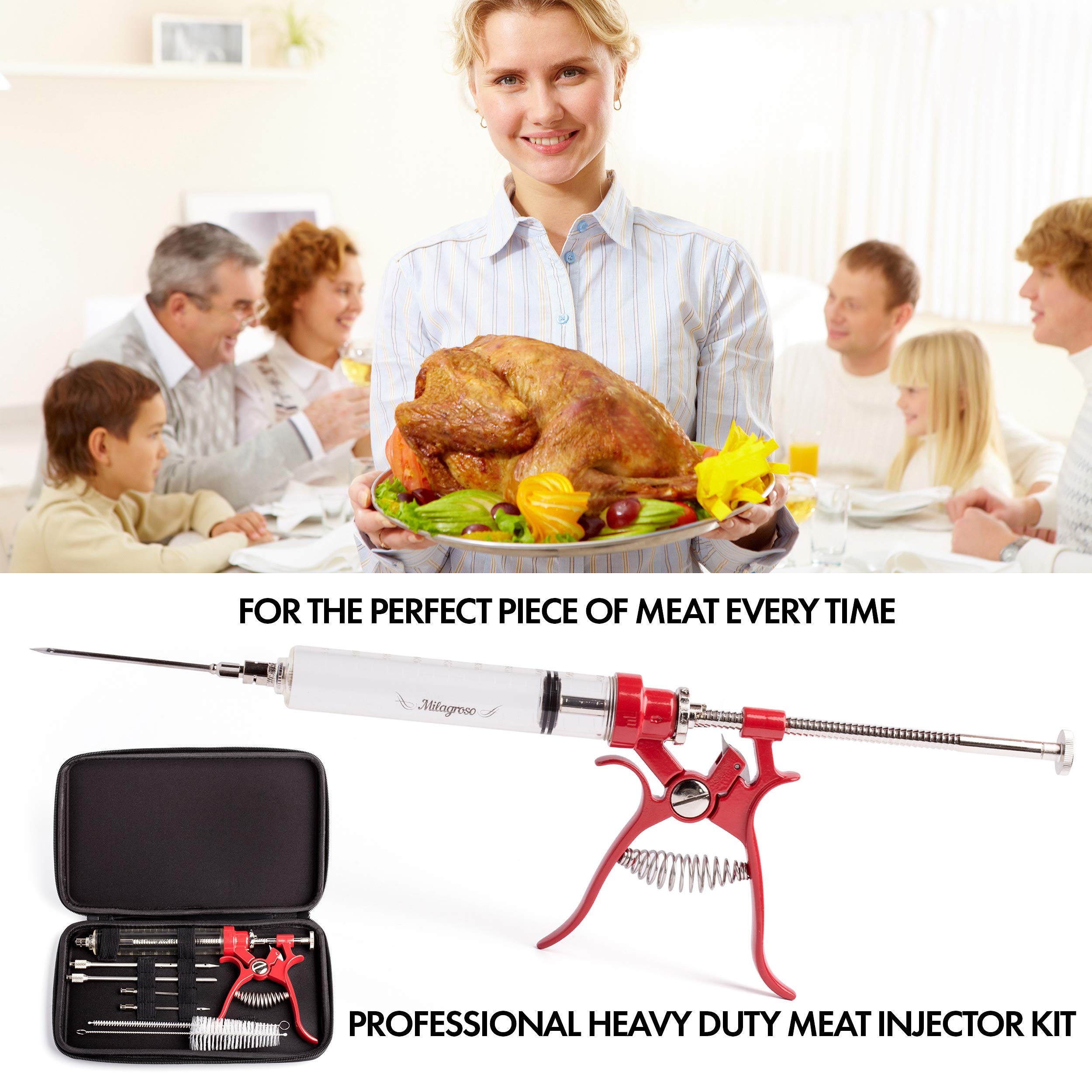 Milagroso meat injector gun side view emphasizes ergonomic design for easy handling.