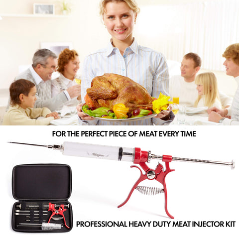 Milagroso meat injector gun side view emphasizes ergonomic design for easy handling.
