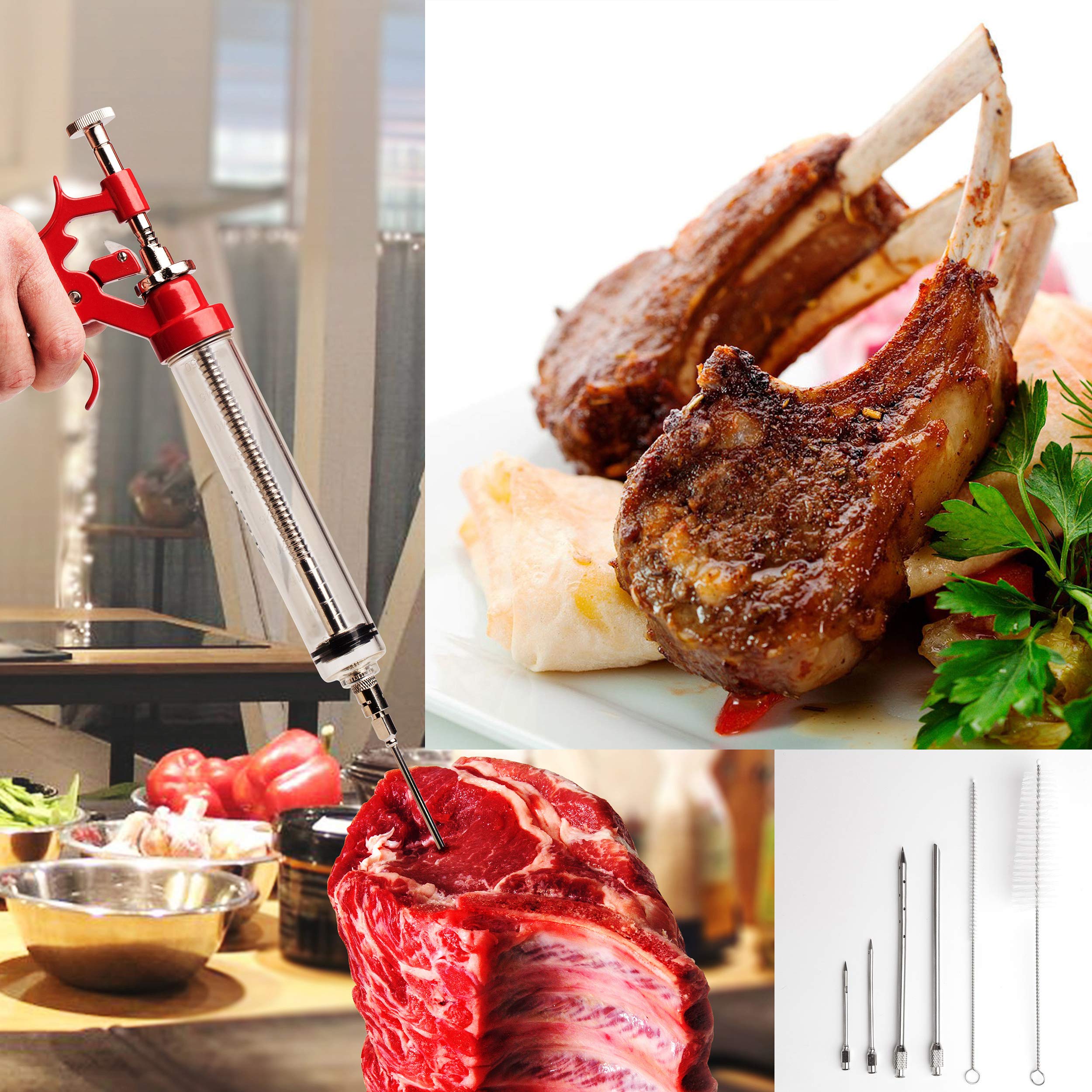 Milagroso meat injector gun showcases stainless steel build for durability.