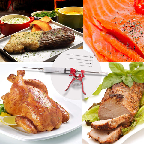 Milagroso meat injector gun demonstrates turkey-capacity option for large roasts.