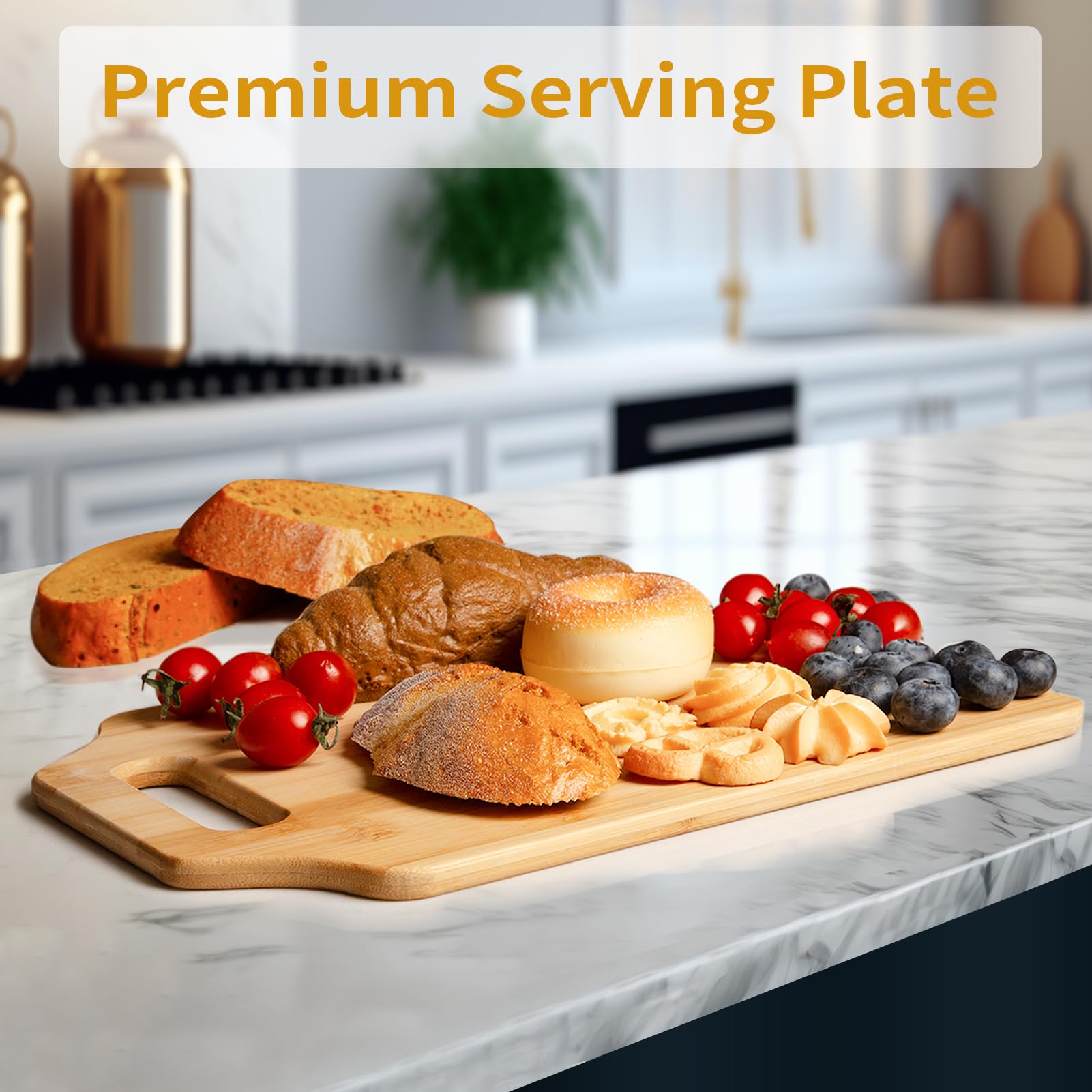 Milcier cutting board in kitchen hanging display adds warm decor.