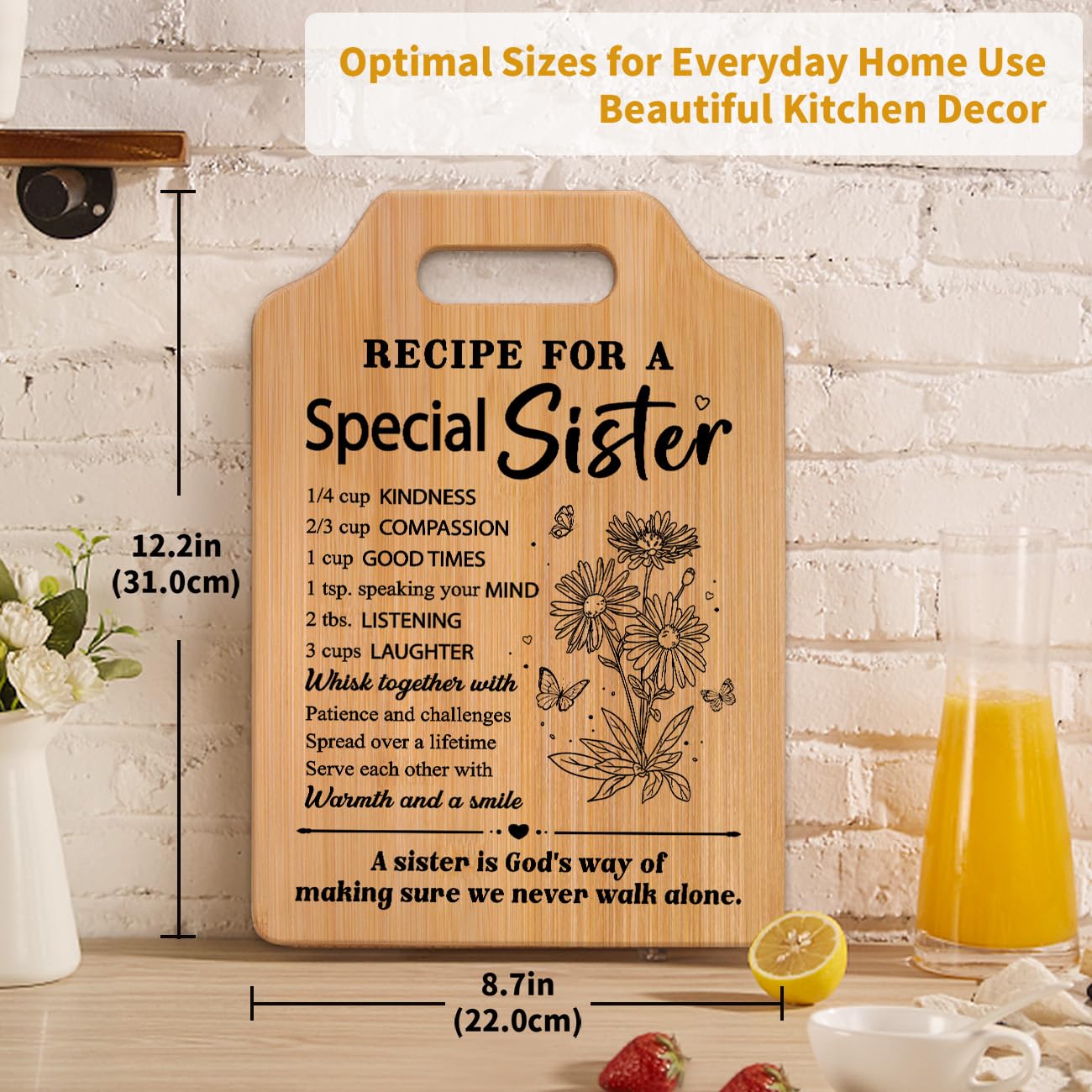 Milcier sister cutting board features printed quotes and flowers for a charming keepsake.