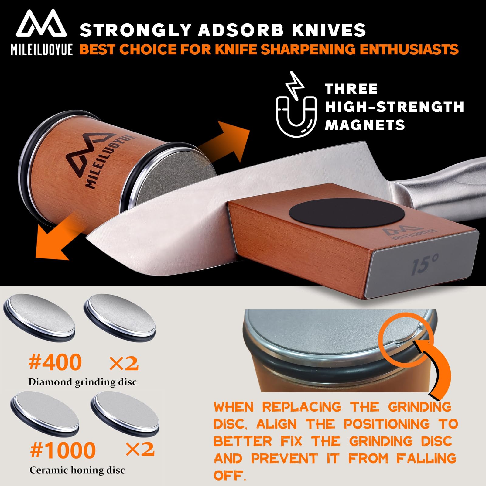 MILEILUOYUE magnetic-angle sharpener with 15° and 20° options for versatile knives.