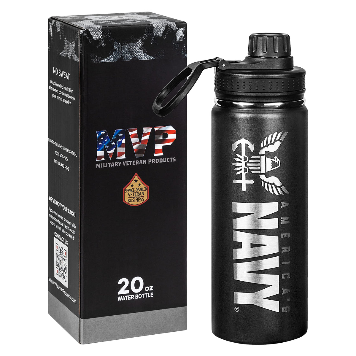 Military Gift Shop US Navy water bottle with laser-engraved emblem for bold everyday wear