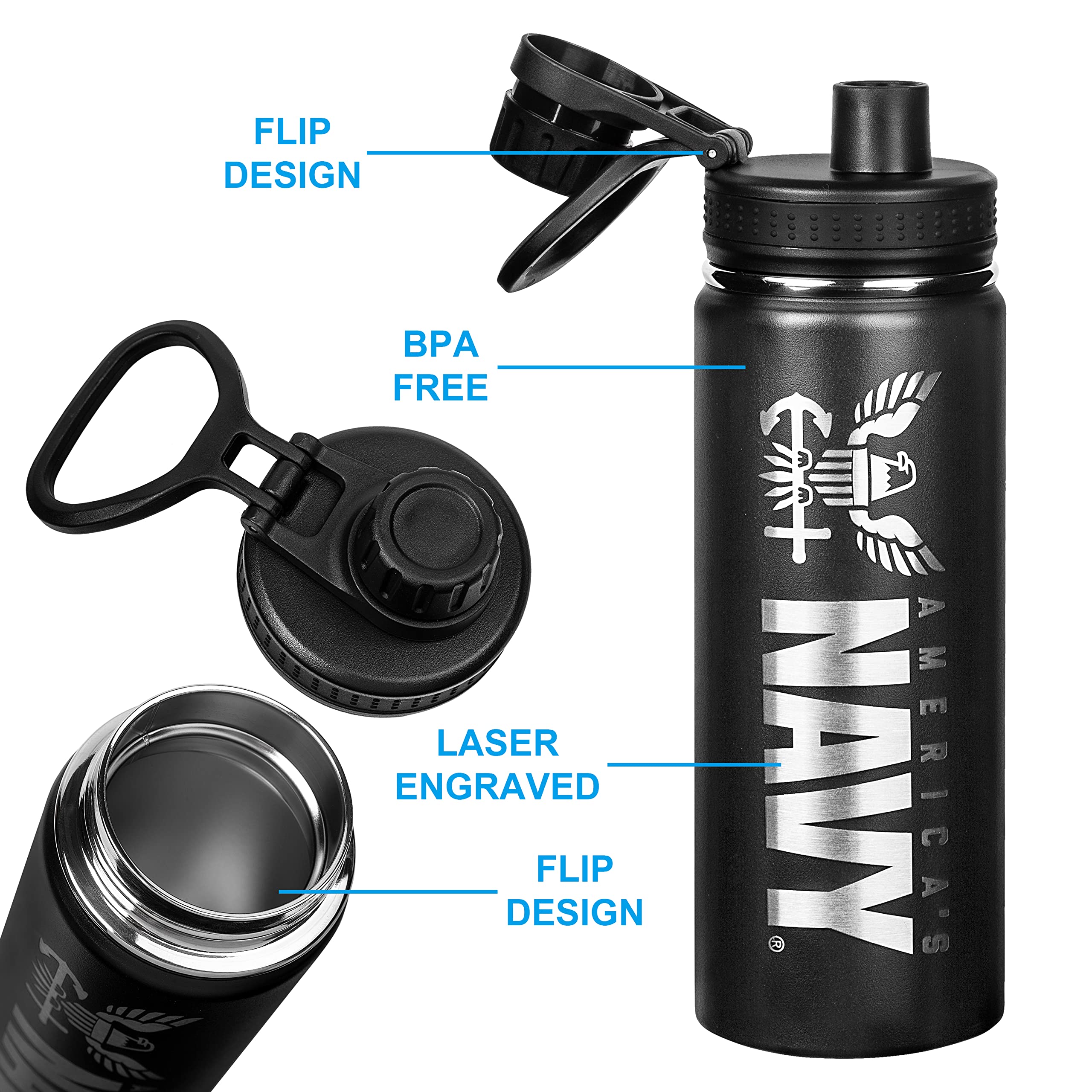 Military Gift Shop bottle with matte black finish and laser-etching stands out in any setting