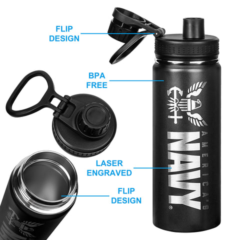 Military Gift Shop bottle with matte black finish and laser-etching stands out in any setting