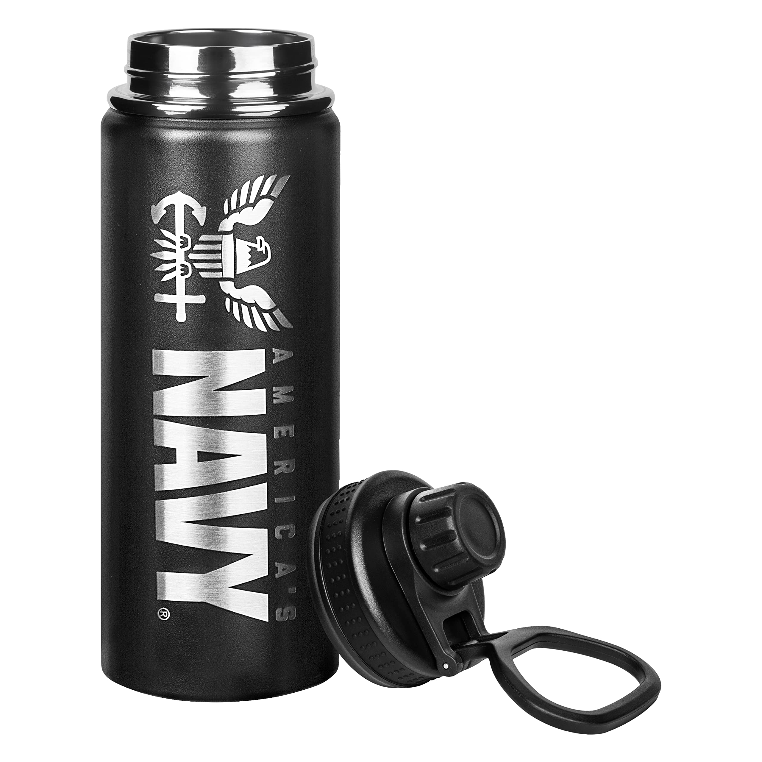 US Navy water bottle shows durable stainless steel construction for rugged outdoor use