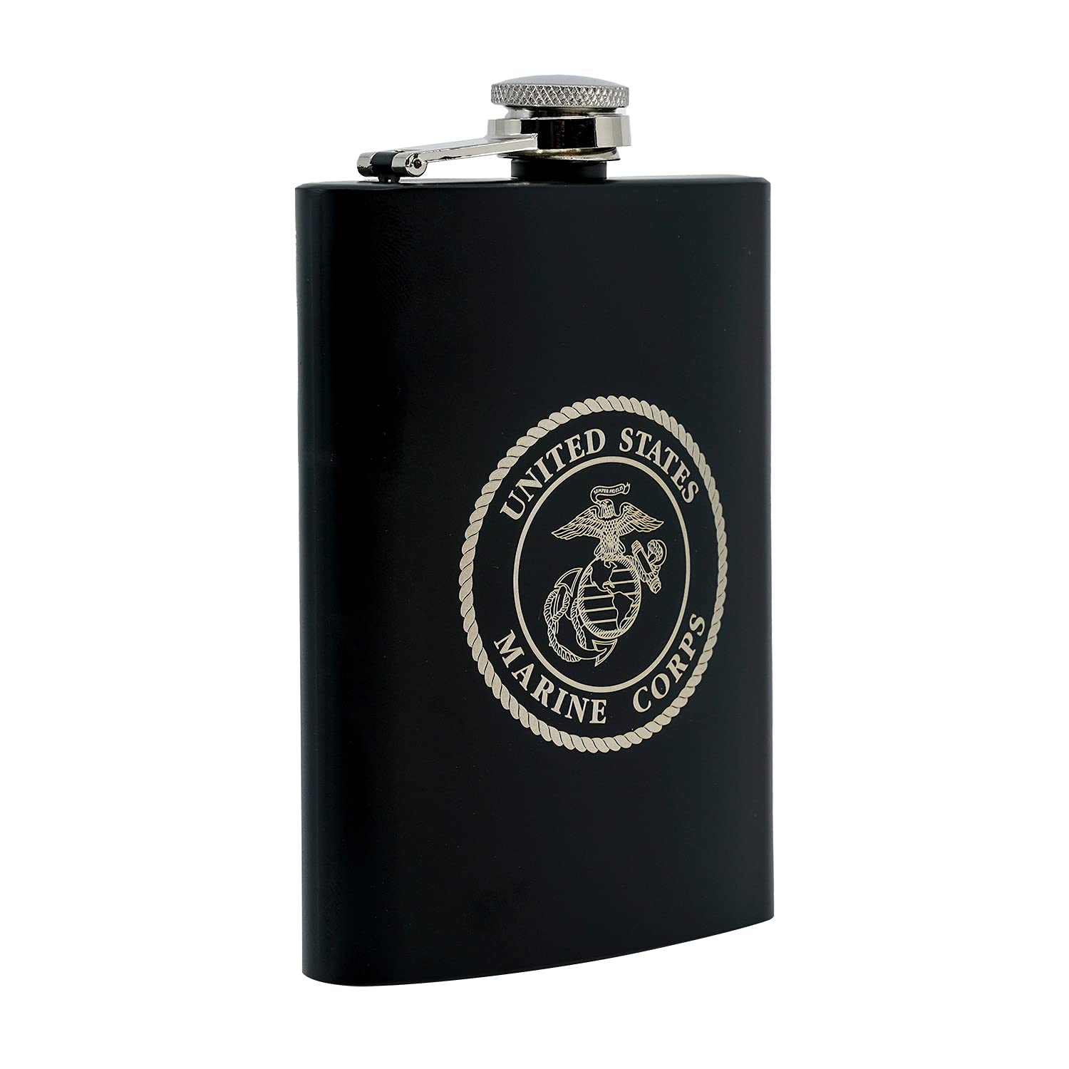 Military Gift Shop USMC Flask engraved logo closeup with durable finish