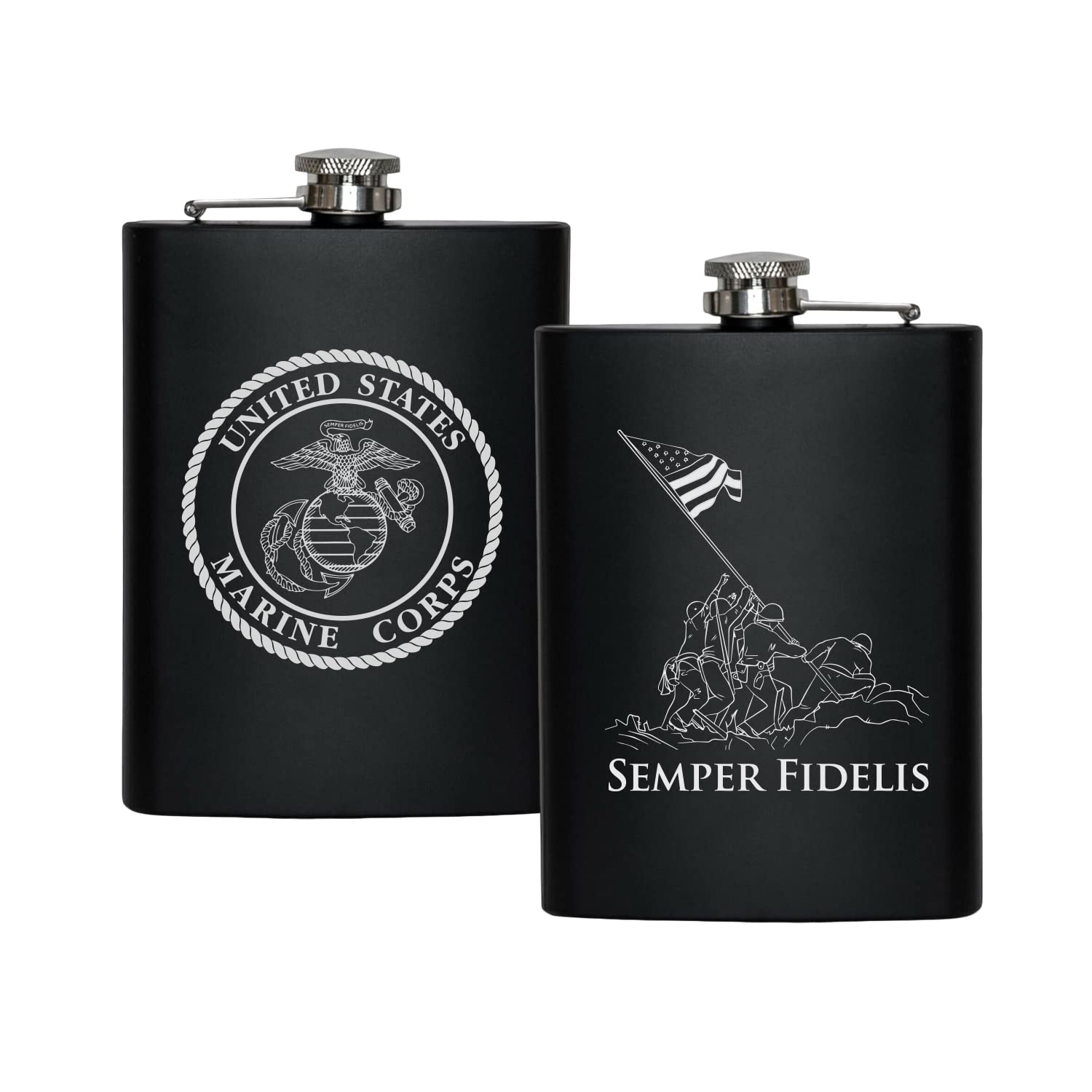Military Gift Shop USMC Flask matte black front view, compact 8 oz size for easy carry