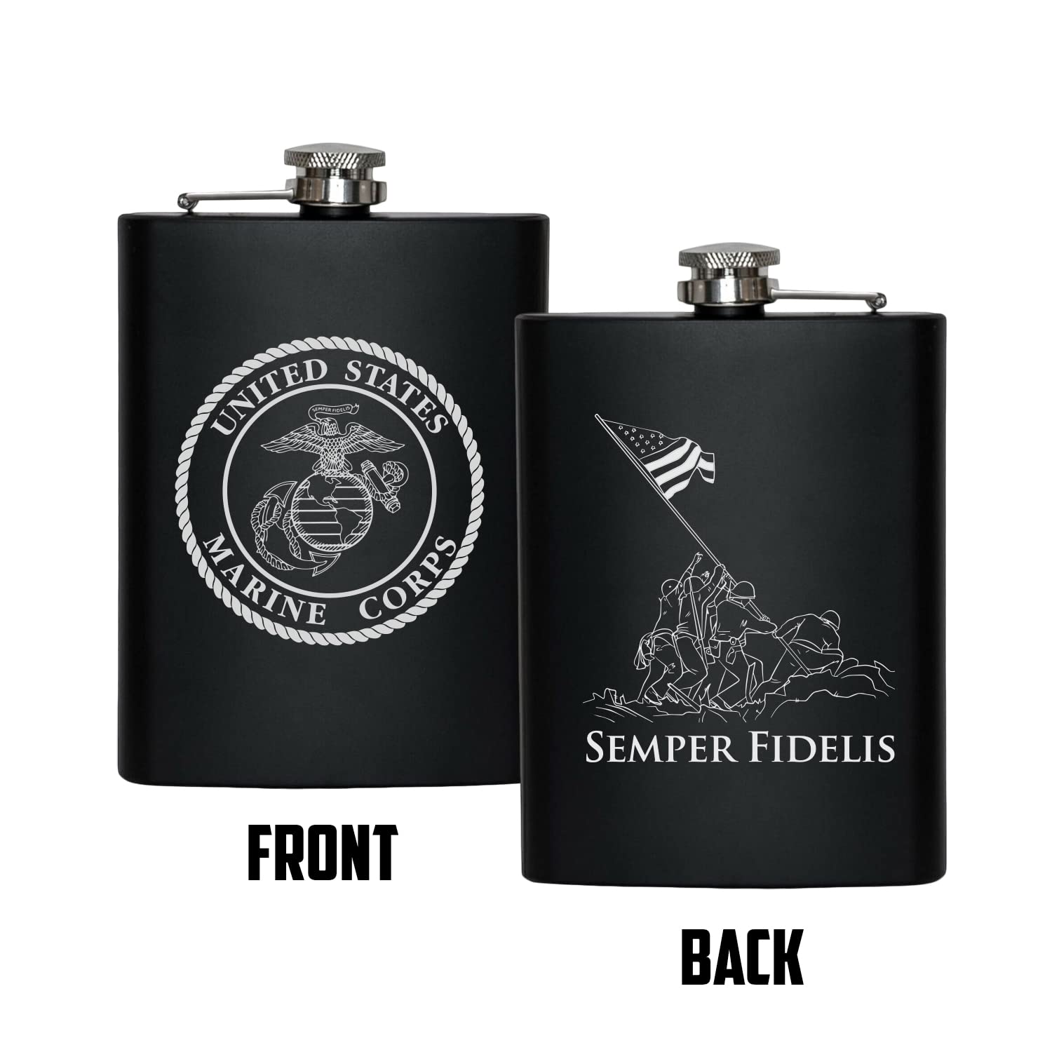 Military Gift Shop USMC Flask matte black side engraving showing laser detail