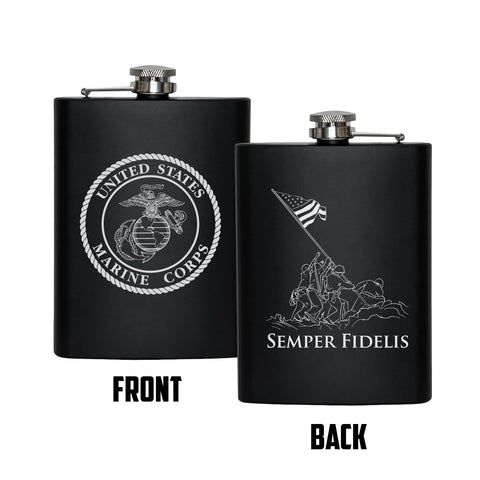 Military Gift Shop USMC Flask matte black side engraving showing laser detail