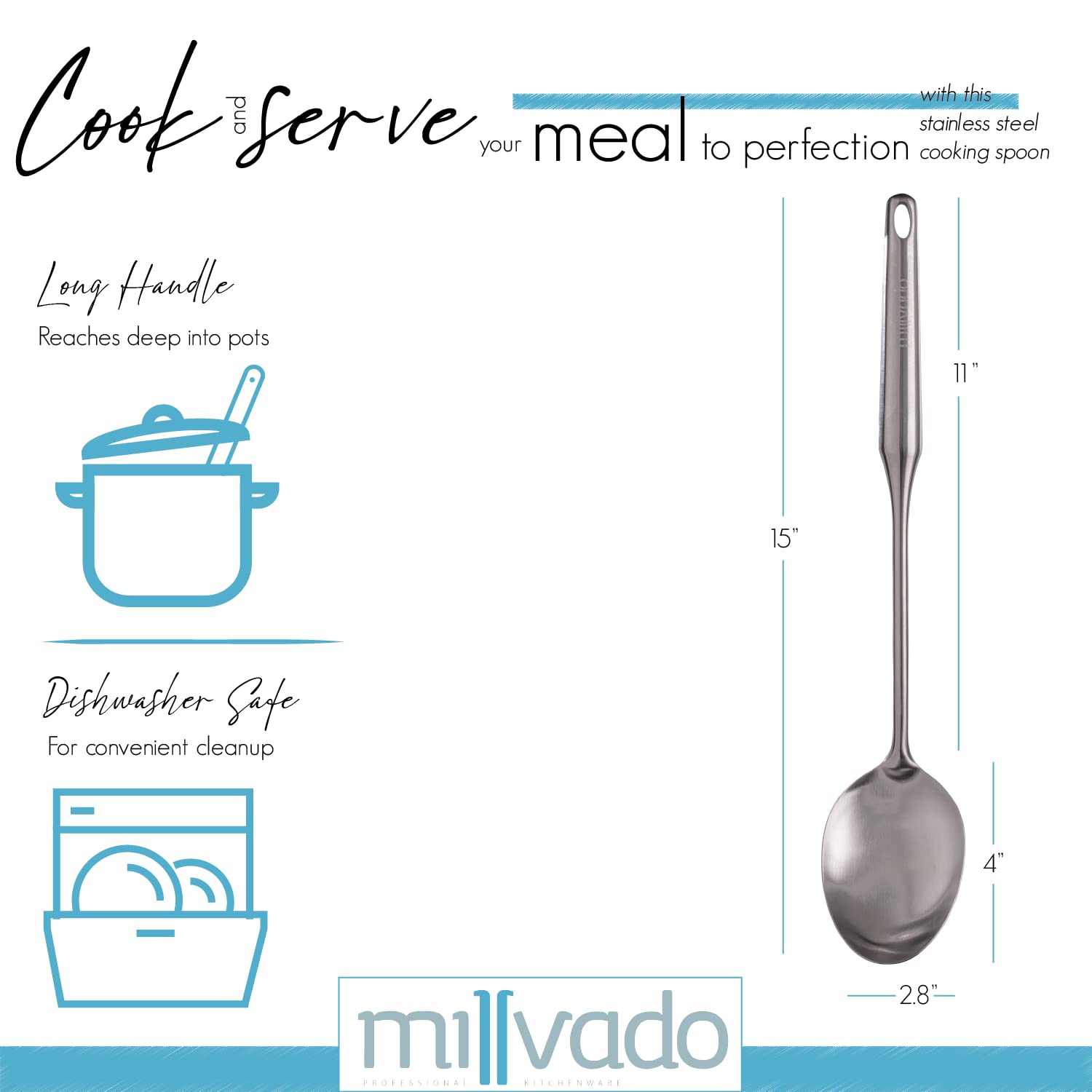 Millvado 15-inch kitchen utensil keeps hands away from heat during cooking.