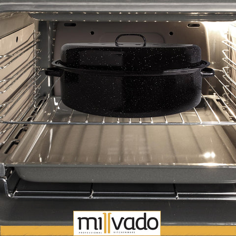 Millvado large roasting pan is dishwasher safe for simple cleanup.
