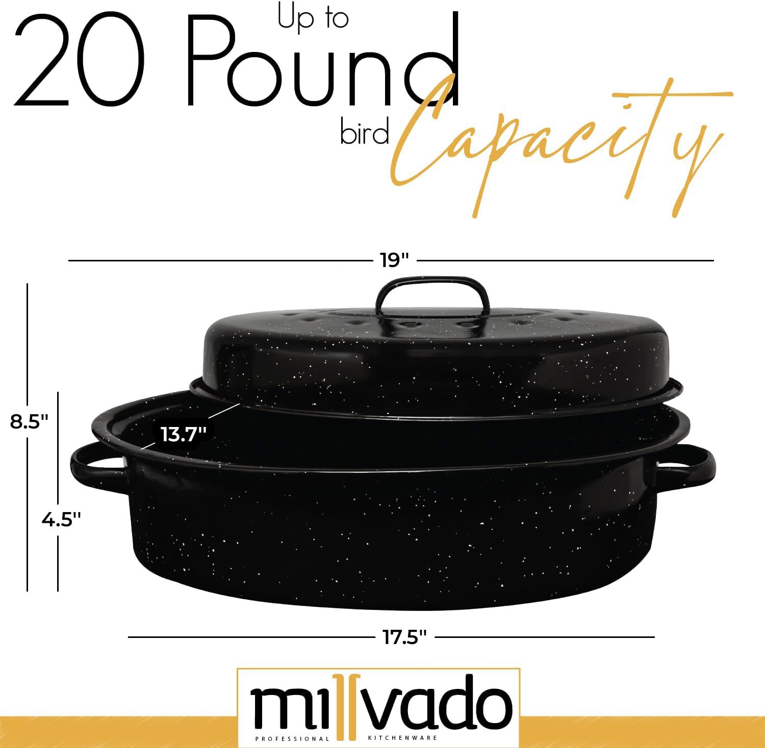 Millvado granite enamel roaster highlights speckled finish and even heat distribution.