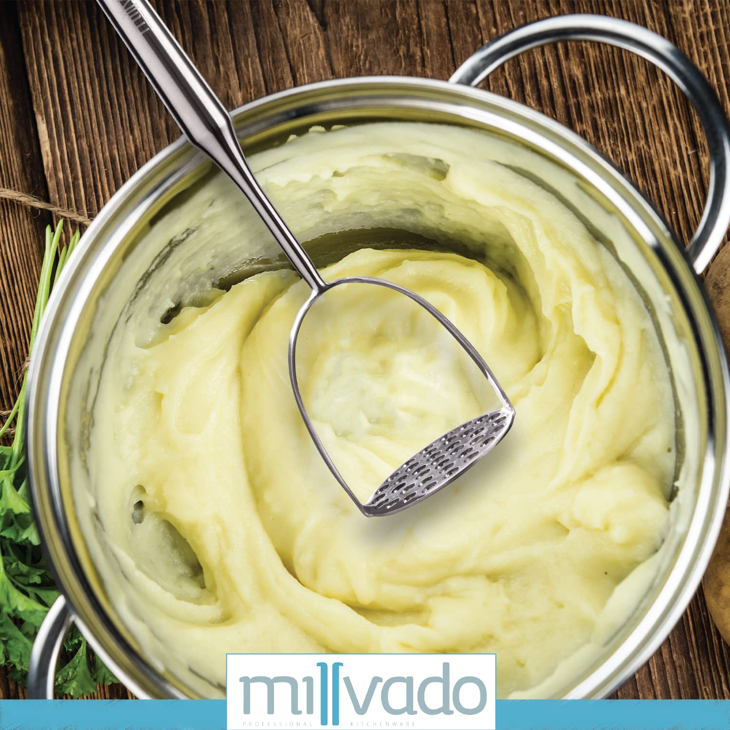 Millvado comfort grip masher reduces hand strain during prep