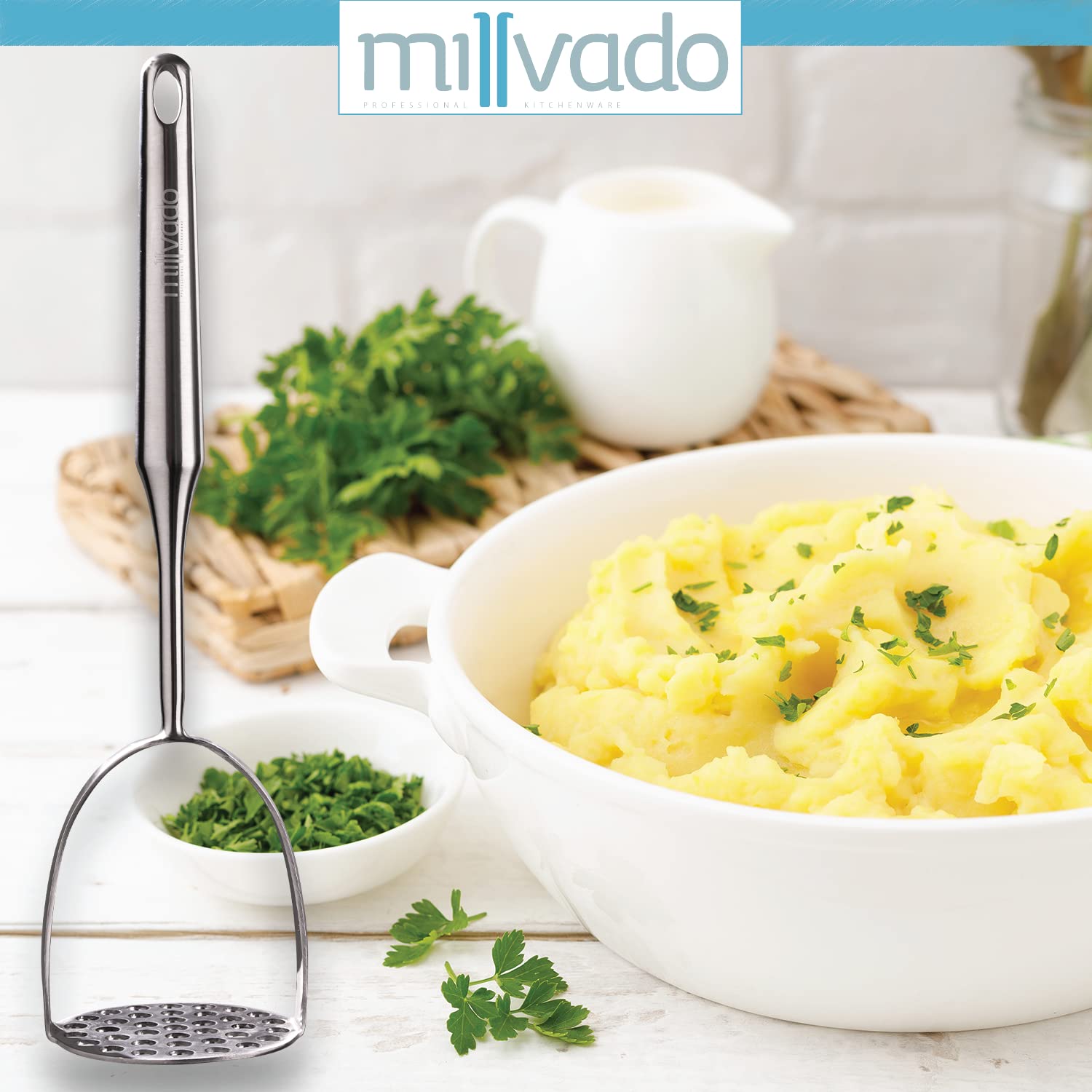 Millvado masher with hanging hole stores neatly on hooks