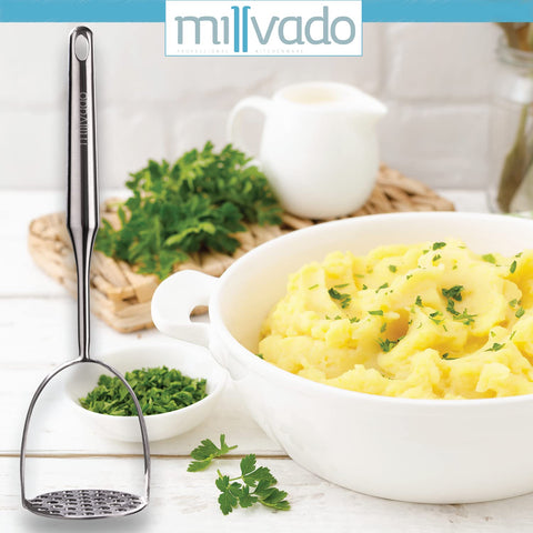 Millvado masher with hanging hole stores neatly on hooks
