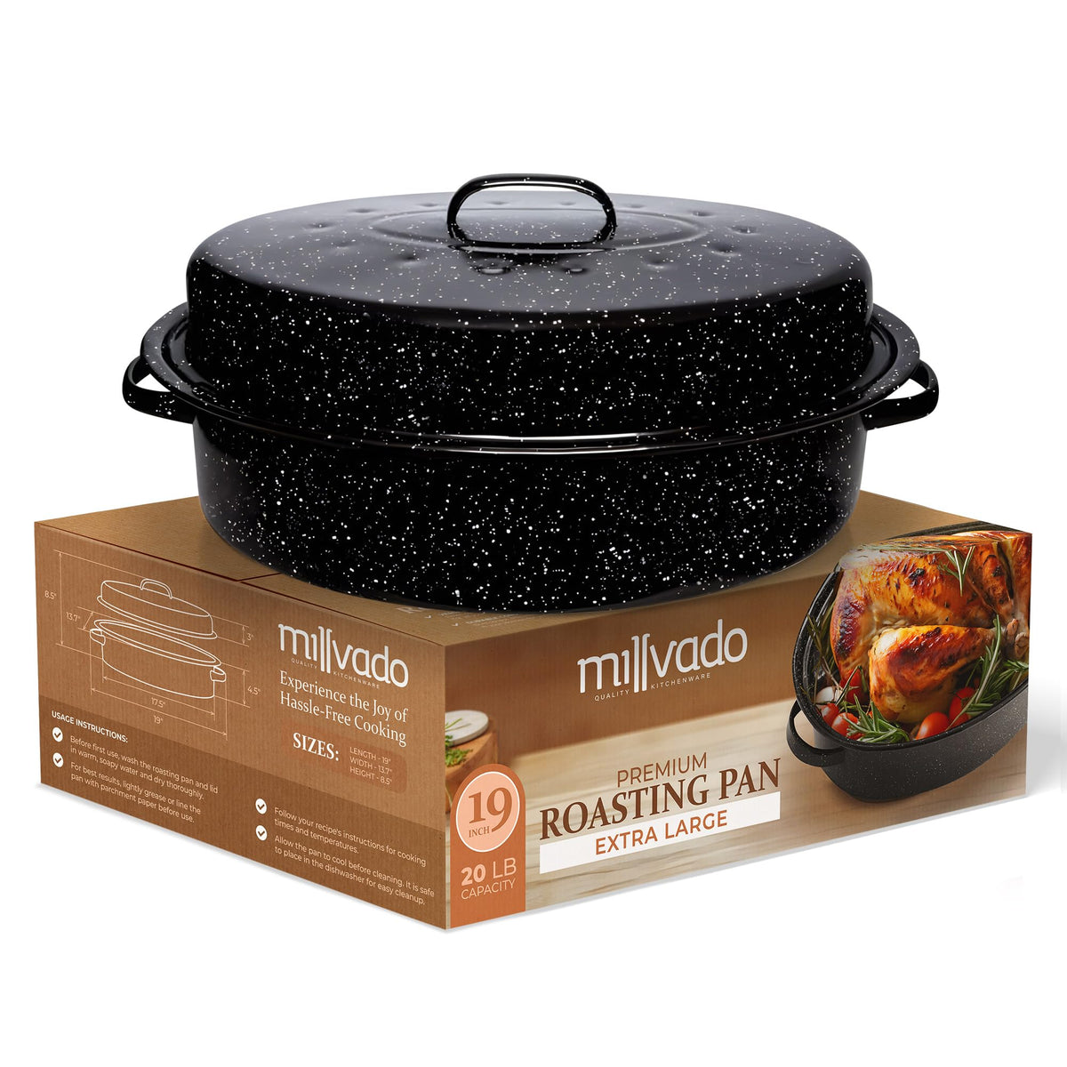 Millvado roasting pan with lid offers 19-inch oval capacity for turkey and roasts.