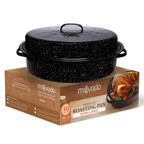 Millvado roasting pan with lid offers 19-inch oval capacity for turkey and roasts.