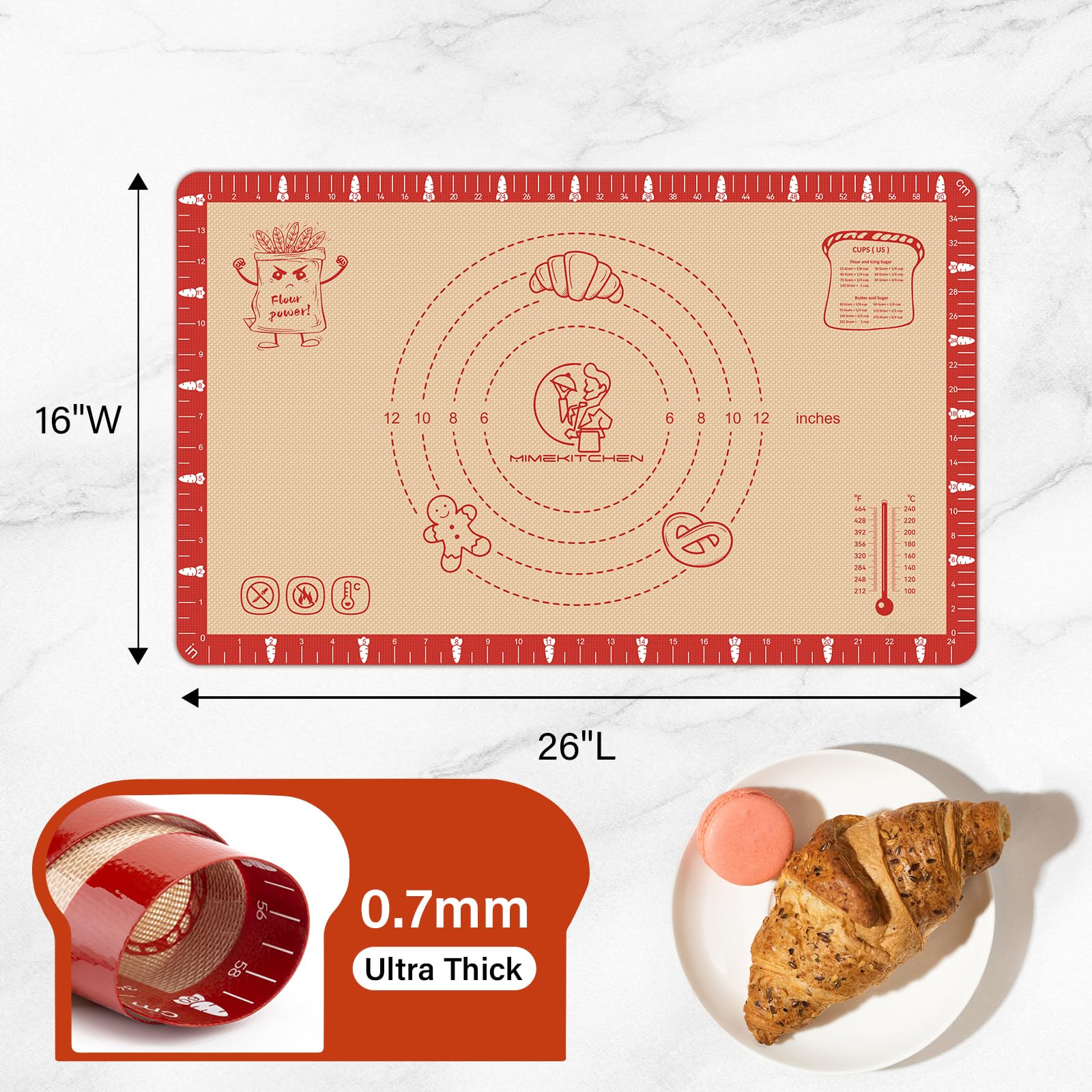 Mimekitchen baking mat with rounded edges for safe handling after kneading