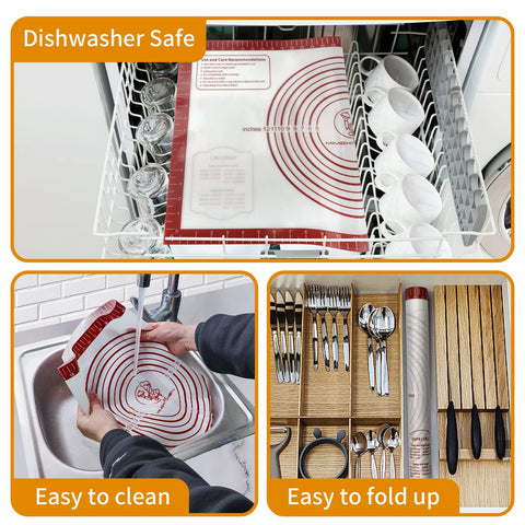 Mimekitchen silicone pastry mat easy-clean surface rinses clean after use.