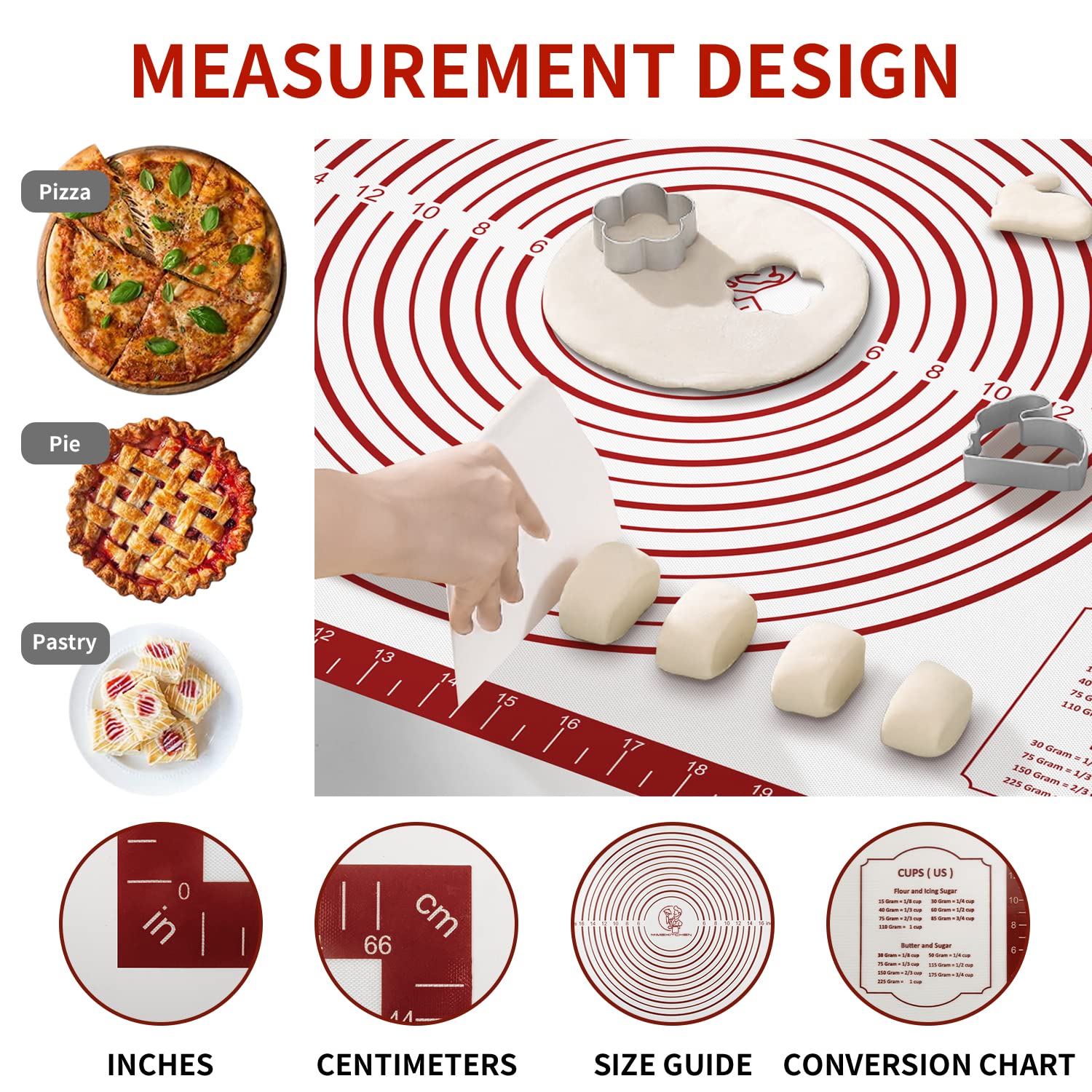 Mimekitchen silicone pastry mat measurements show inches and centimeters for precise sizing.