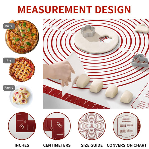 Mimekitchen silicone pastry mat measurements show inches and centimeters for precise sizing.