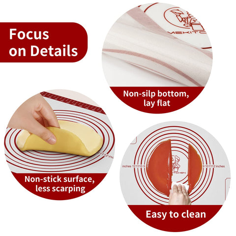Mimekitchen silicone pastry mat nonstick surface keeps dough sliding smoothly during rolling.