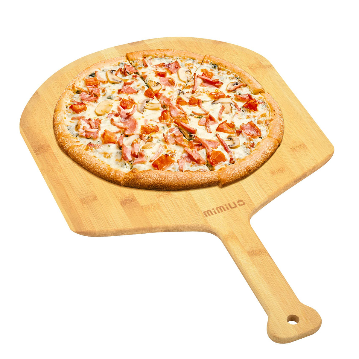 Mimiuo bamboo pizza peel 15-inch in use, smooth slide under fresh pizza.