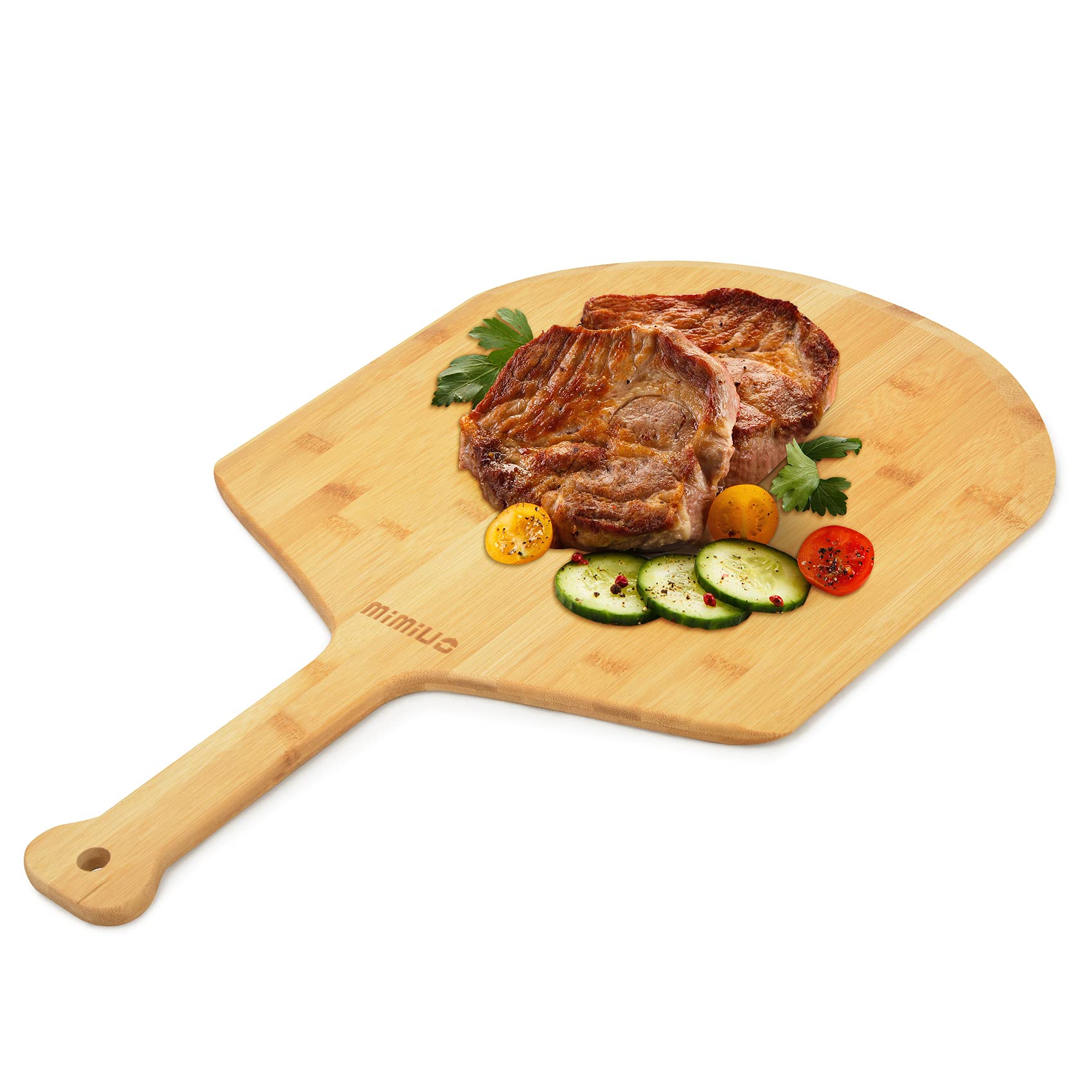 Mimiuo bamboo pizza peel used to move pizza from oven to rack.