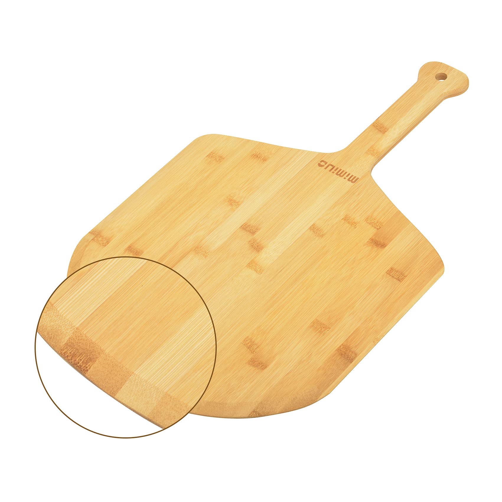 Mimiuo bamboo pizza peel showing rounded edges for safe oven transfer.