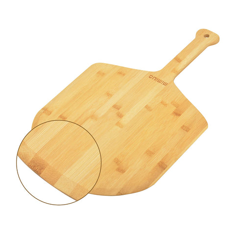 Mimiuo bamboo pizza peel showing rounded edges for safe oven transfer.