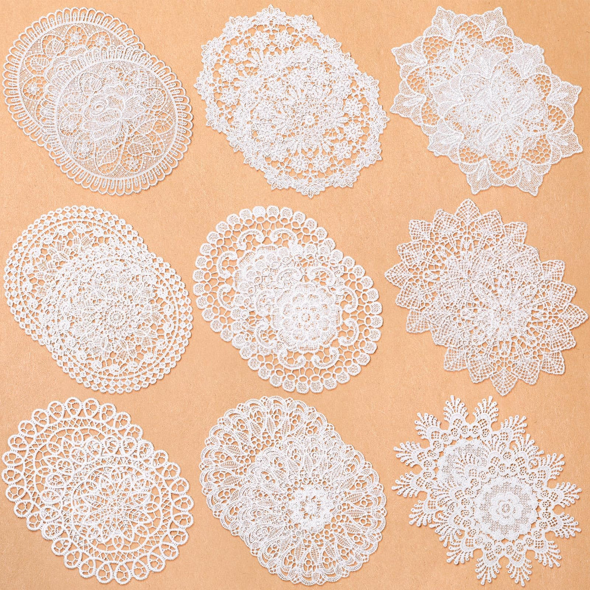 Mimorou 18 piece white lace doilies arranged on a dining table for rustic charm