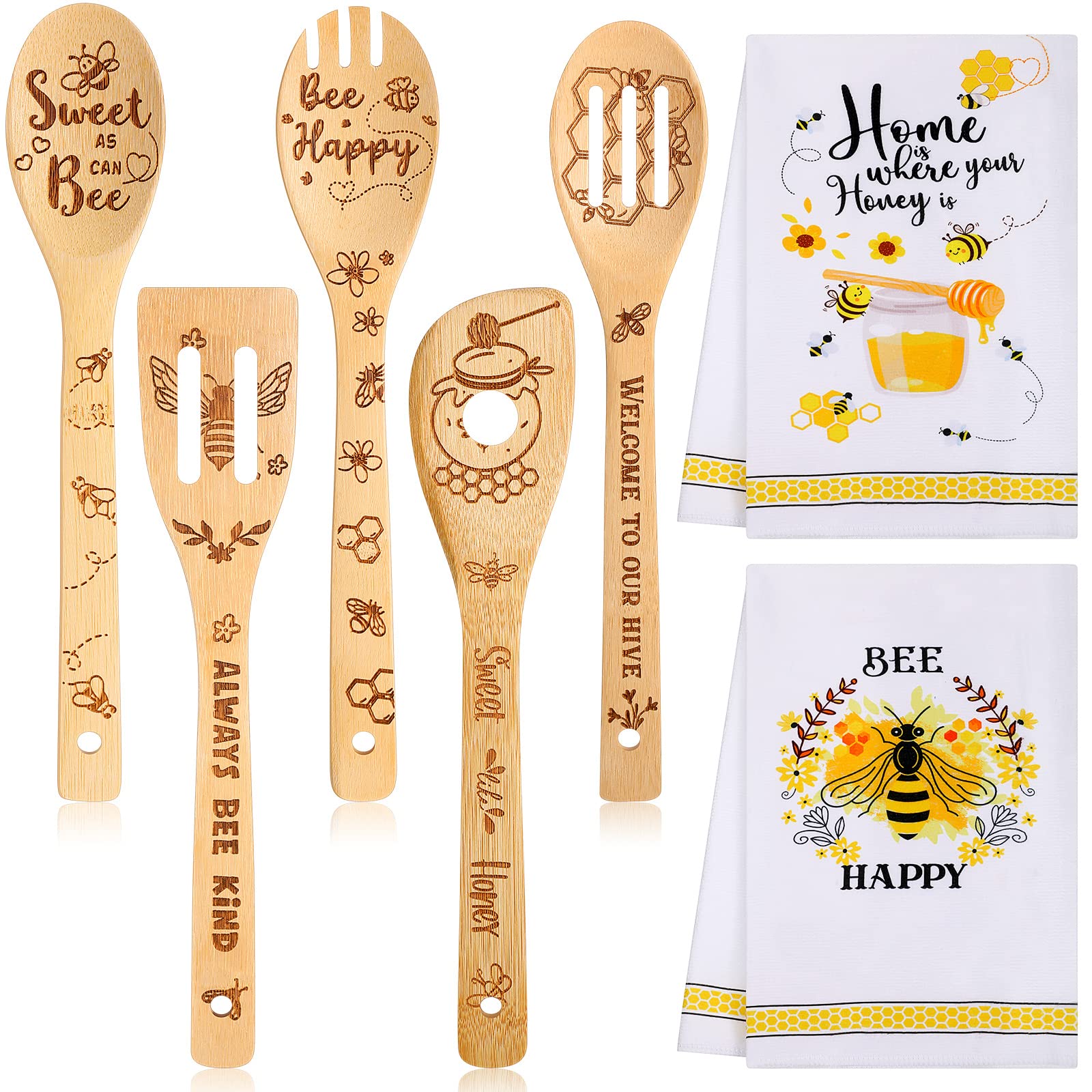 Minatee bee kitchen towels feature a playful pattern for drying dishes.