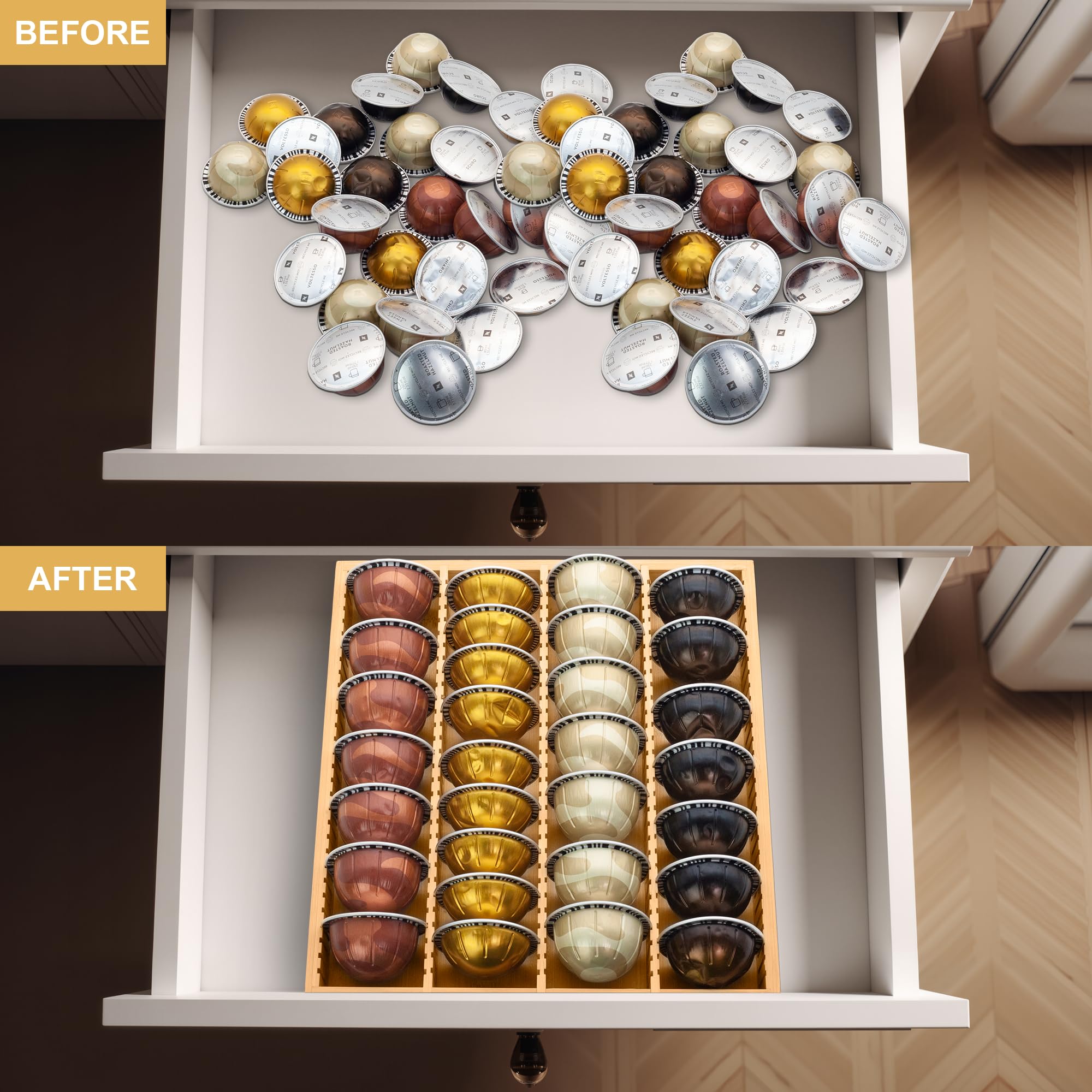 MinBoo kitchen-counter-display shows a tidy, accessible pod collection for a coffee station.