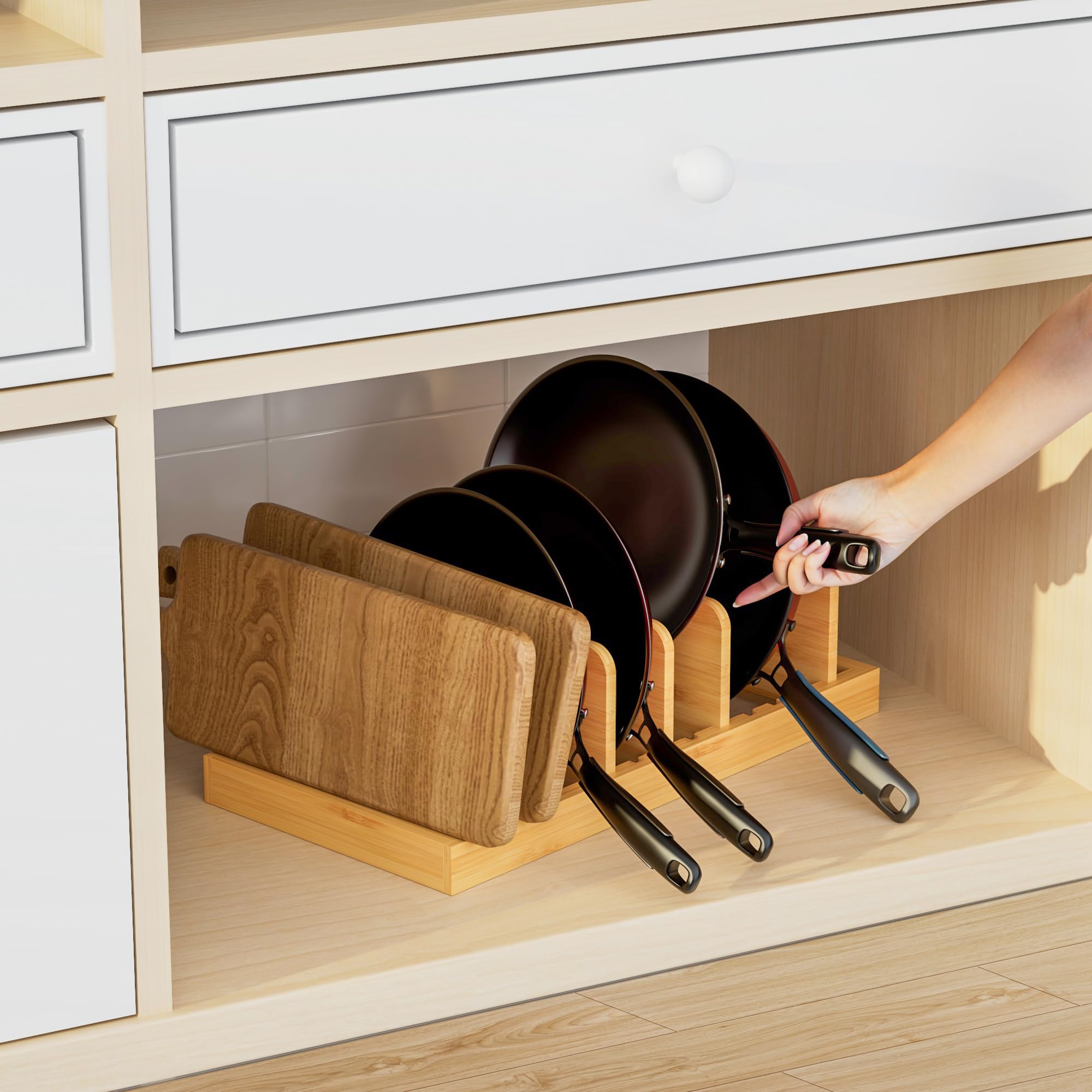 MinBoo lid and pan storage divider keeps cabinets neat and accessible.