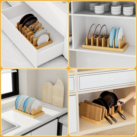 MinBoo pan lid storage bamboo stand keeps cookware within reach.