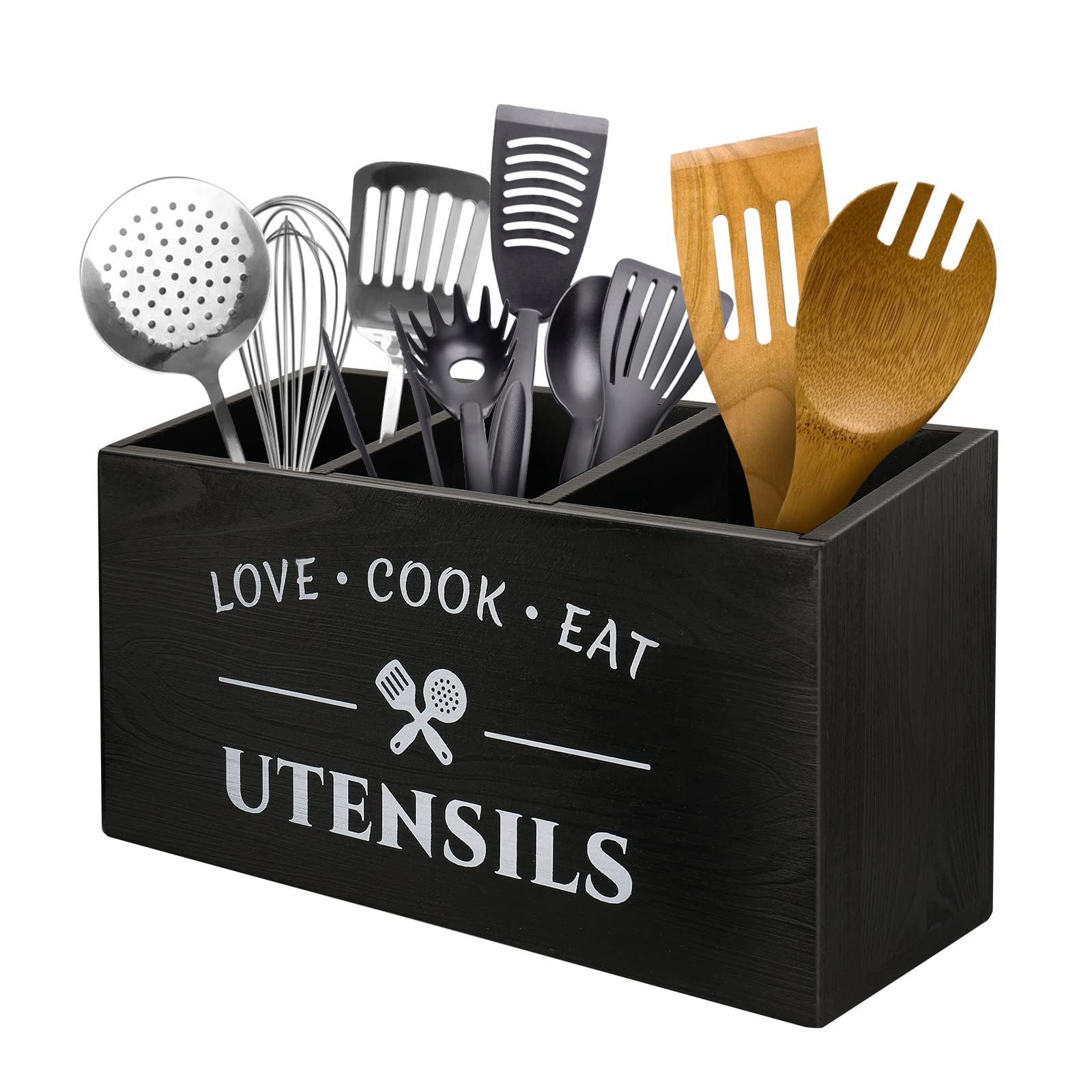 MINCORD rustic utensil holder with three compartments keeps kitchen organized on the counter.