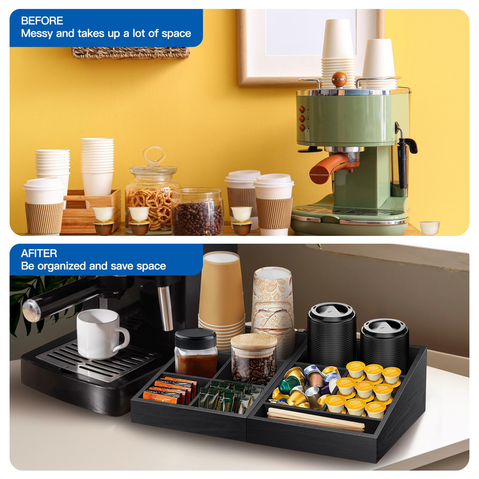MINCORD organizer stores K-Cups, sugar packets, tea bags, and creamer bottles.