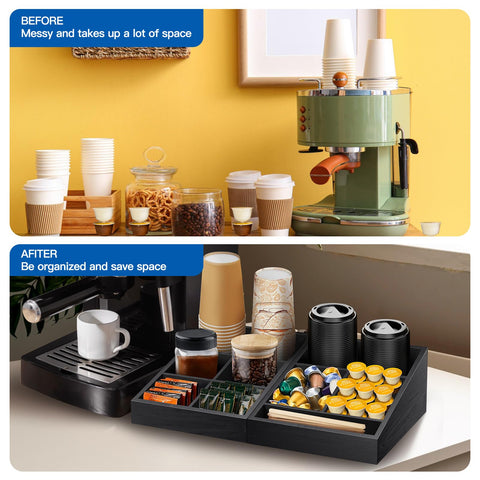 MINCORD organizer stores K-Cups, sugar packets, tea bags, and creamer bottles.