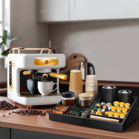 MINCORD wood coffee bar organizer showcases a 2-in-1 design for flexible space use.