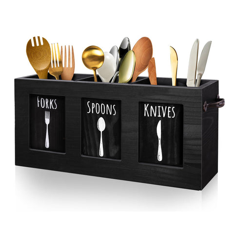 MINCORD wood flatware organizer front view with labeled compartments for easy sorting.