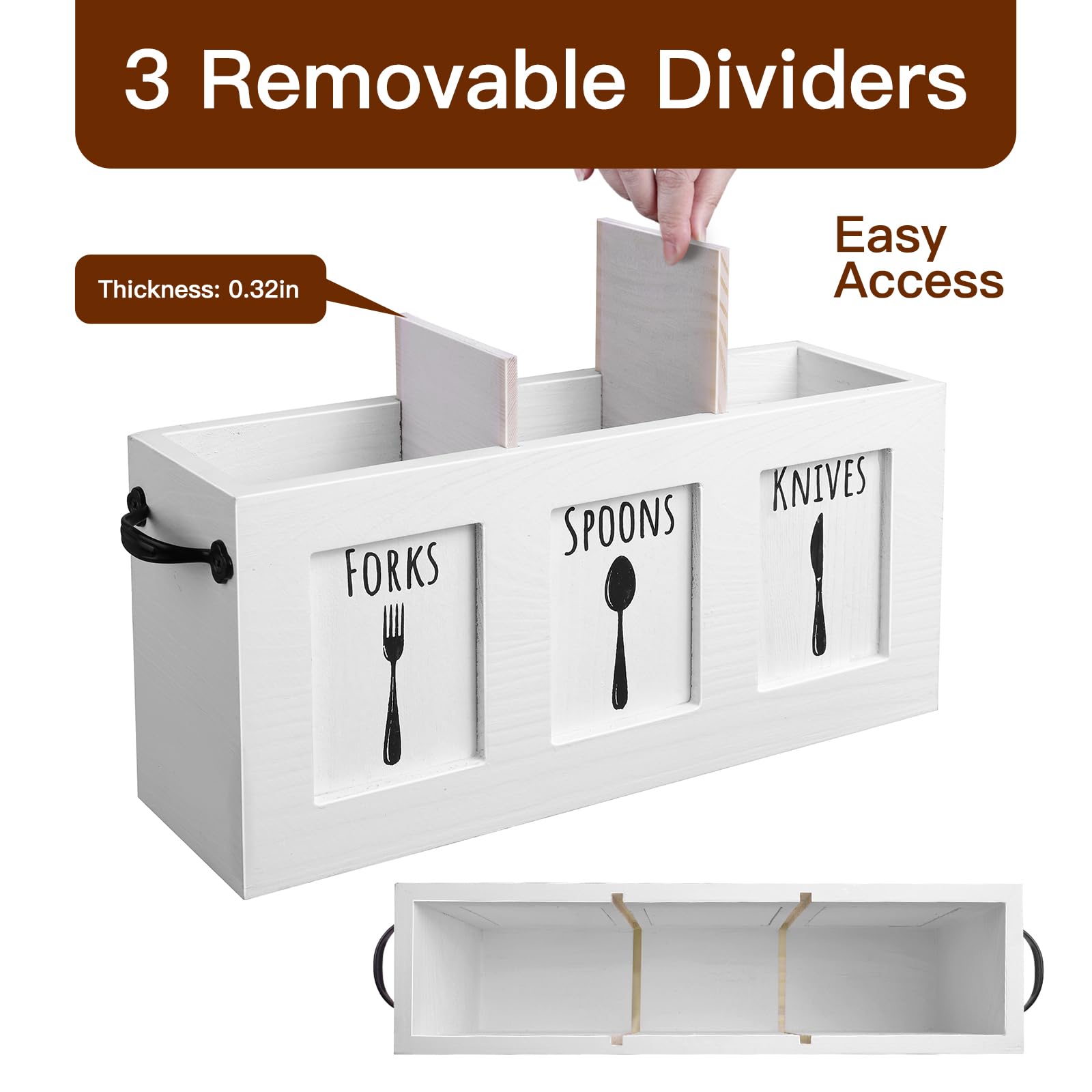 MINCORD wood flatware organizer on rustic counter enhances kitchen decor