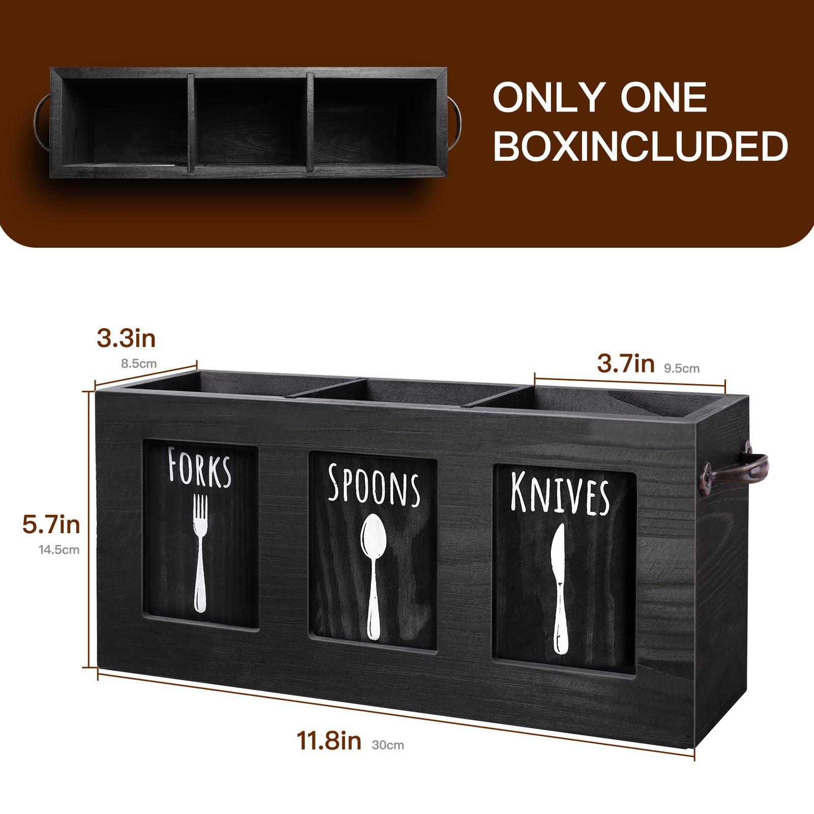 MINCORD wood flatware organizer side view with metal handles for portability.